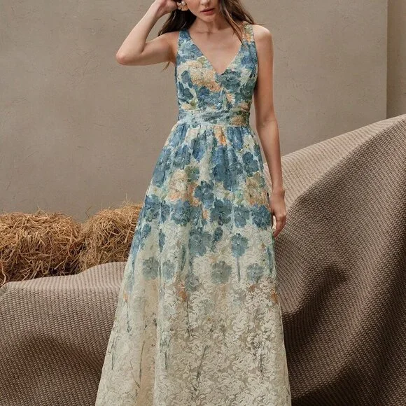 Blue Elegant Women's French V-Neck Ombre Floral Swing Dress
